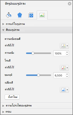 ปรับการตั้งค่าความเข้มของสีในบานหน้าต่าง จัดรูปแบบรูปภาพ