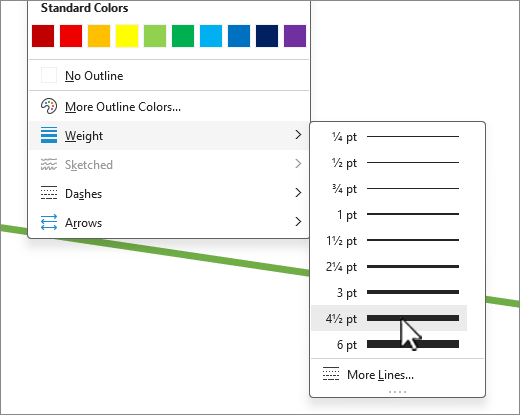 สกรีนช็อตของเส้นกรอบรูปร่างที่มีน้ําหนักถูกเลือก