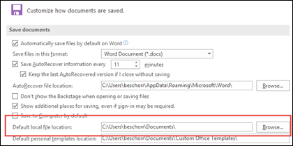 ตัวเลือก บันทึก ใน Word ที่แสดงการตั้งค่าโฟลเดอร์ที่ใช้งานได้เริ่มต้น