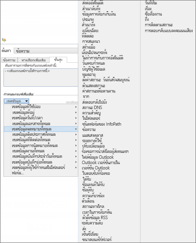 เมนูของเขตข้อมูลการค้นหาขั้นสูง