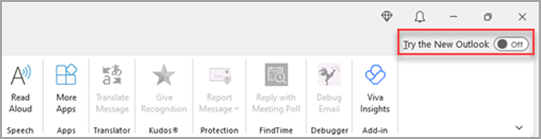 รูปภาพแสดงการสลับ ลองใช้ Outlook ใหม่ ที่มุมขวาบน