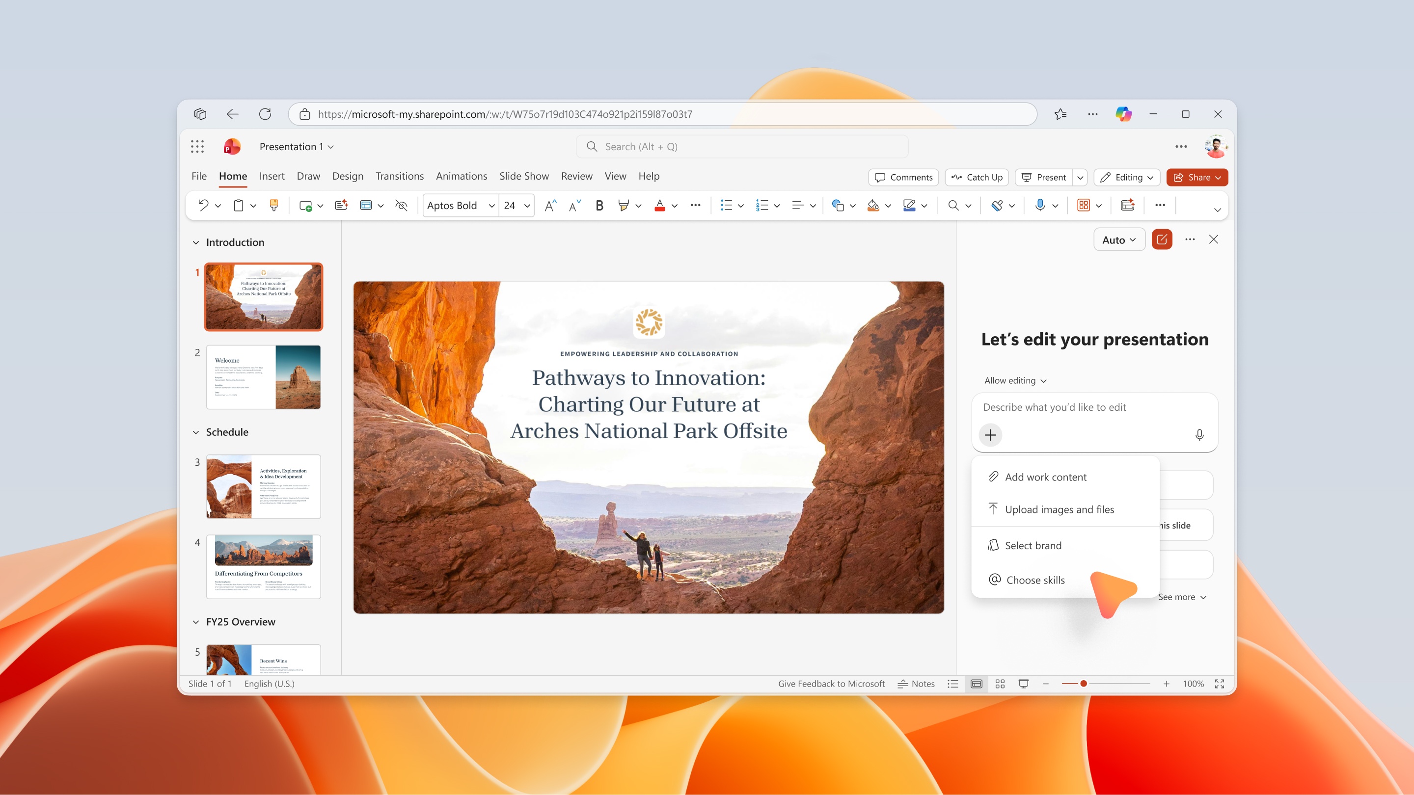 สกรีนช็อตที่แสดงการเปิดเมนูทักษะใน PowerPoint Copilot