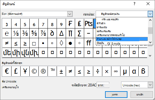 แสดงชุดย่อยของ ตัวห้อยและตัวยก ในกล่องโต้ตอบ สัญลักษณ์ ใน PowerPoint