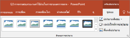 แสดงสไตล์การซูมและเอฟเฟ็กต์ต่างๆ ที่คุณสามารถเลือกในแท็บรูปแบบใน PowerPoint