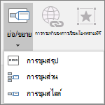 แสดงการซูมชนิดต่างๆ ที่สามารถเลือกได้เมื่อคุณไปยังแทรก > การซูม: การซูมสรุป การซูมสไลด์ และการซูมส่วน