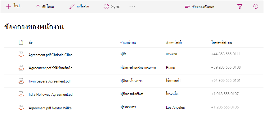 สกรีนช็อตของไลบรารีข้อตกลงของพนักงาน