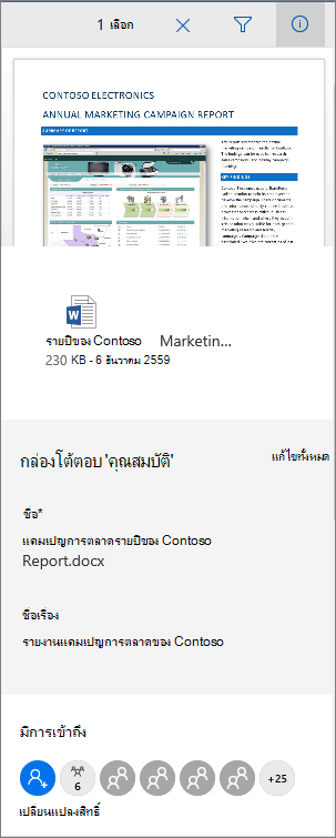 แผงข้อมูลเมตาของเอกสาร Office 365