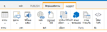สกรีนช็อตของแท็บ แทรก ซึ่งประกอบด้วยปุ่มสำหรับการแทรกตาราง วิดีโอ กราฟิก และลิงก์ลงในหน้าไซต์ของคุณ