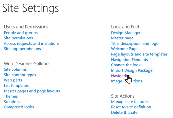 หน้า การตั้งค่าไซต์ ใน SharePoint แบบคลาสสิก ที่มีเคอร์เซอร์เลือกการนําทาง