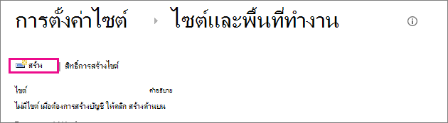 ลิงก์ สร้างไซต์ ในกล่องโต้ตอบ ไซต์และที่ทํางาน