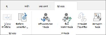 สกรีนช็อตของแท็บชุดรูปแบบจากไซต์เป้าหมาย แท็บประกอบด้วยสองกลุ่ม ชุดรูปแบบ และการแปล