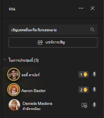 รูปภาพแสดงผู้เข้าร่วมทางด้านซ้ายของหน้าจอพร้อมไอคอนยกมือ
