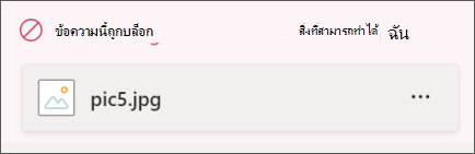 ข้อความที่มีรูปภาพแนบถูกบล็อกเนื่องจากมีเนื้อหาที่ไม่เหมาะสม ข้อความจะถูกเน้นเป็นสีแดงและระบุว่า ข้อความนี้ถูกบล็อกโดยนโยบายขององค์กร