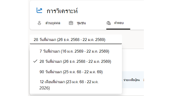 คําตอบช่วยให้การกรองตามช่วงวันที่ รวมถึงช่วงแบบกําหนดเองถ้าการให้สิทธิ์การใช้งานรองรับ