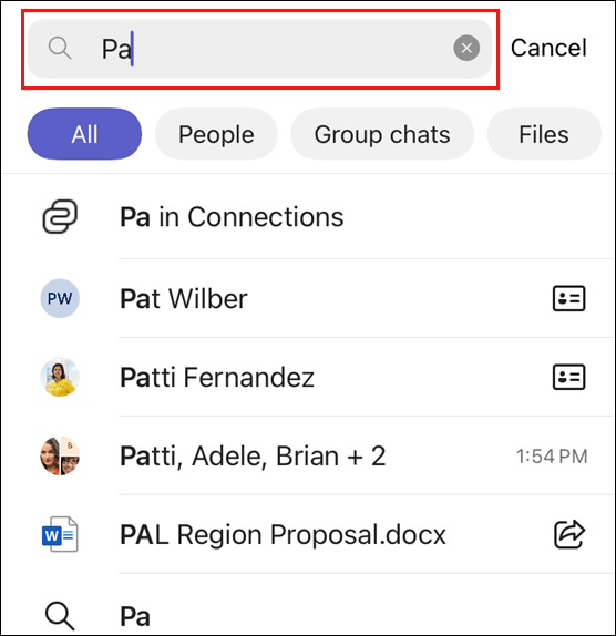 สกรีนช็อตของผลลัพธ์การค้นหาภายในแอป Connections สําหรับอุปกรณ์เคลื่อนที่