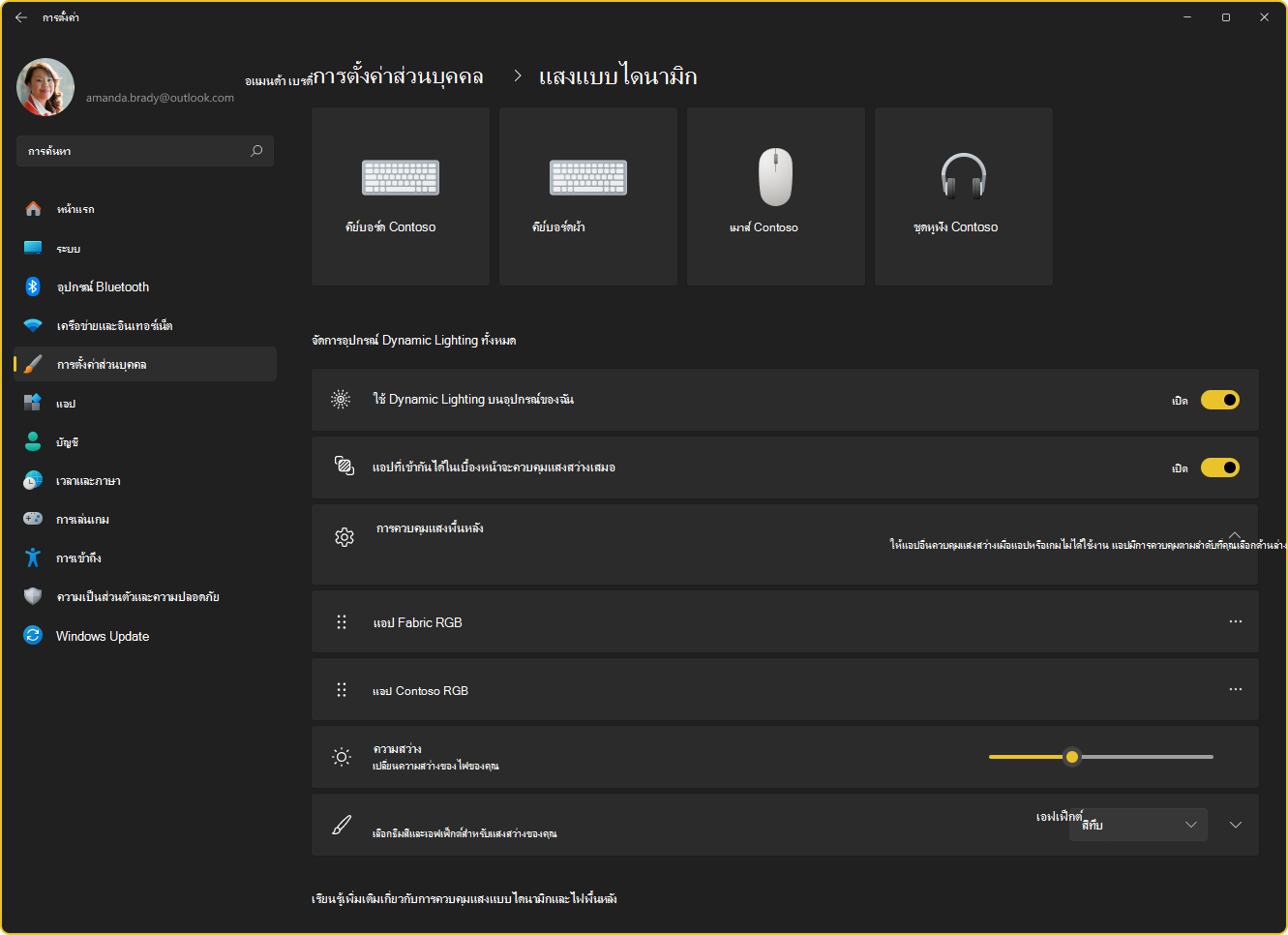 สกรีนช็อตของการตั้งค่า - หน้าการจัดแสงแบบไดนามิก