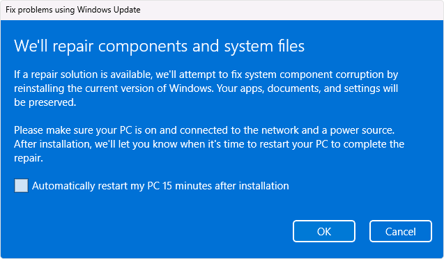 สกรีนช็อตของตัวเลือก Windows Update ติดตั้งใหม่