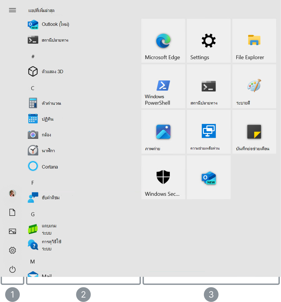 สกรีนช็อตของ Windows 10 เมนูเริ่มต้นที่เน้นพื้นที่หลัก 3 ส่วน