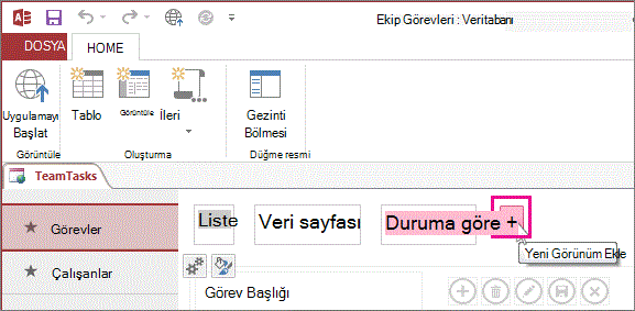 Access uygulamasında Yeni Görünüm Ekle düğmesi.