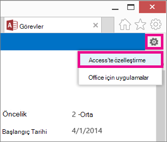 Ayarlar dişli menüsündeki Access’te Özelleştir komutu