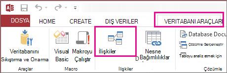 Veritabanı Araçları sekmesindeki İlişkiler düğmesi