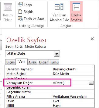 Varsayılan Değer özelliğinin Date() olarak ayarlandığını gösteren Özellik Sayfası.