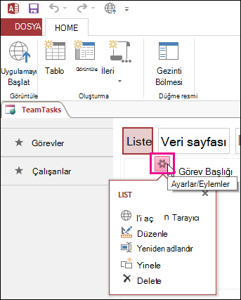 Görünüm Ayarları/Eylemler düğmesi