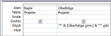 CountryRegion sütununda aşağıdaki ölçütlere sahip sorgu tasarım kılavuzu: Like * & [Ülke/bölge girin:] & *