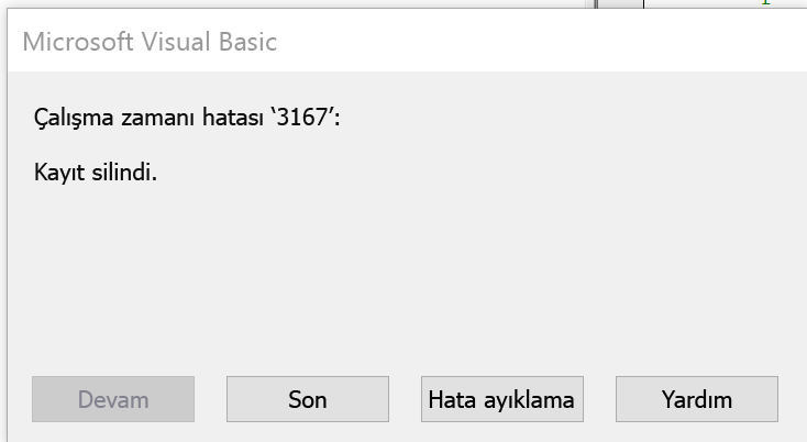 Kaydın silindiğini belirten hata.