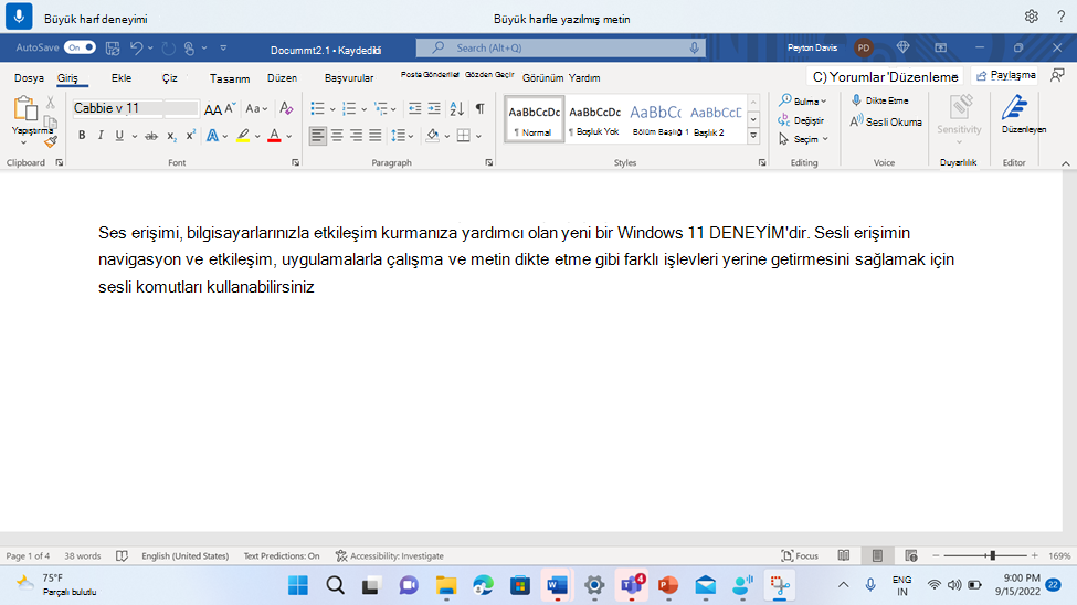 WordWord document showing the voice access command Büyük harf.