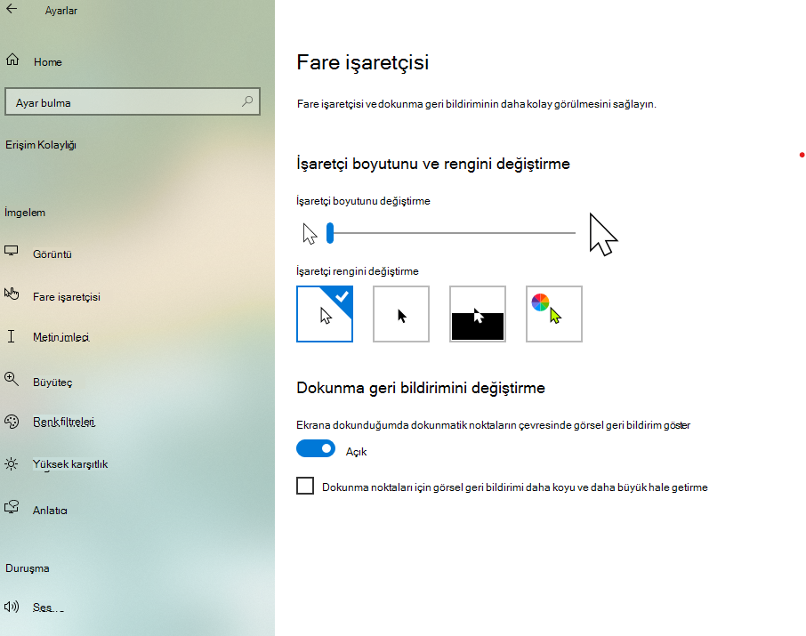 Windows 10 Ayarlar uygulamasında işaretçi boyutunu ve rengini değiştirme
