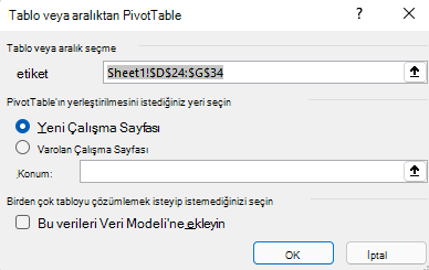 Windows için Excel'de seçili hücre aralığını ve varsayılan seçenekleri gösteren PivotTable Oluştur iletişim kutusu.