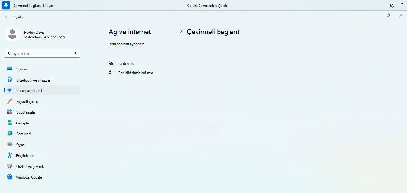 Windows Çevirmeli Bağlan ayarı için sesli erişim komutunu gösteren adında özel karakter bulunan öğeleri bulmak için kullanılan bir sesli erişim komutu örneği.