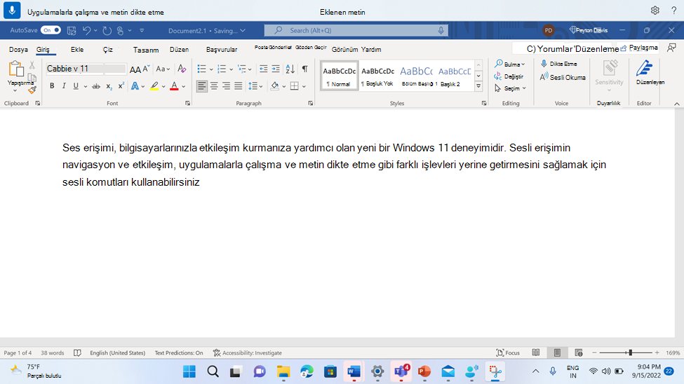 WordMetin eklemek için sesli erişim komutunu gösteren Word belgesi.