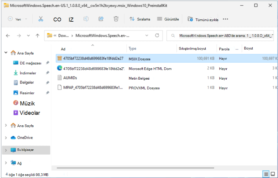 Sıkıştırılmış klasörde seçili MSIX dosyası