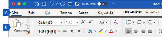 Şerit Mac için WordMac için Word, şeridin ana bölgelerini gösterir.