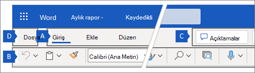 Şeridin dört ana bölgesini gösteren Web için Word şerit.