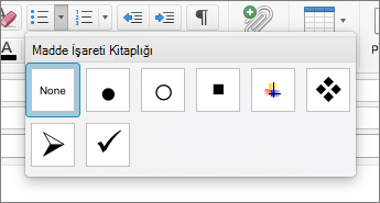 Madde İşareti Kitaplığı'ndaki kullanılabilir madde işareti stili seçenekleri Mac için OutlookMac için Outlook.