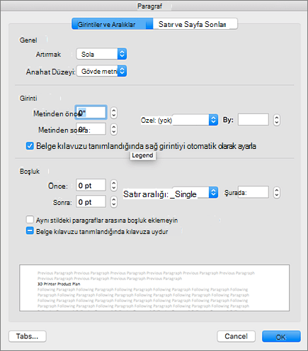 The Paragraph dialog box in Mac için OutlookMac için Outlook.