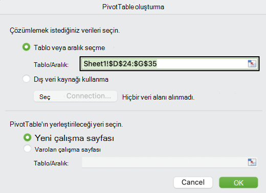 Mac'te PivotTable Oluştur iletişim kutusu.