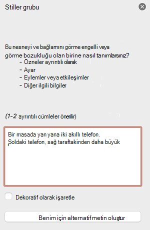 Mac için PowerPoint'daki Alternatif Metin bölmesi.