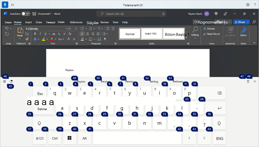 Windows dokunmatik klavyesi çağrıştırıldı ve sesli erişim numarası katmanlı emoji düğmesini gösteriyor.