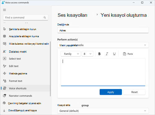 Adres başlıklı bir kısayol içeren yeni kısayol sayfası oluşturun. Eylem türü, Metni ve medyayı yapıştır olarak seçilir. Eylem türünü metin ve medya yapıştır olarak seçtikten sonra adresi yazacağınız düzenleme kutusu açılır.