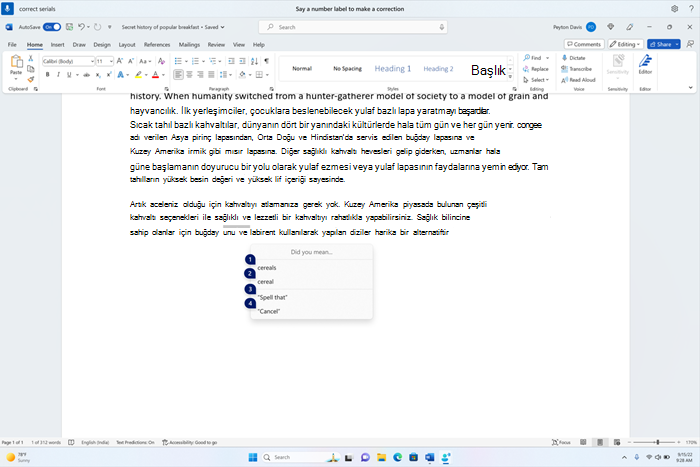 Metin tahılları için adayların bulunduğu düzeltmeler penceresini gösteren bir word belgesi.