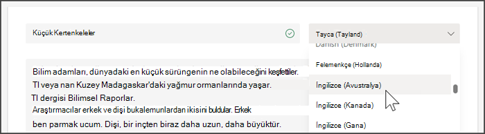 Dil seçmek için açılır menüyü gösteren ekran görüntüsü