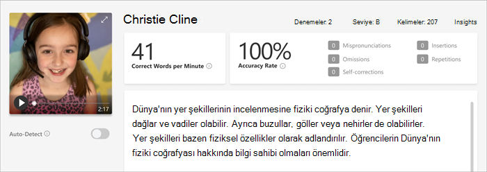 Okuma İlerlemesi'nin gözden geçirme bölmesinin ekran görüntüsü,