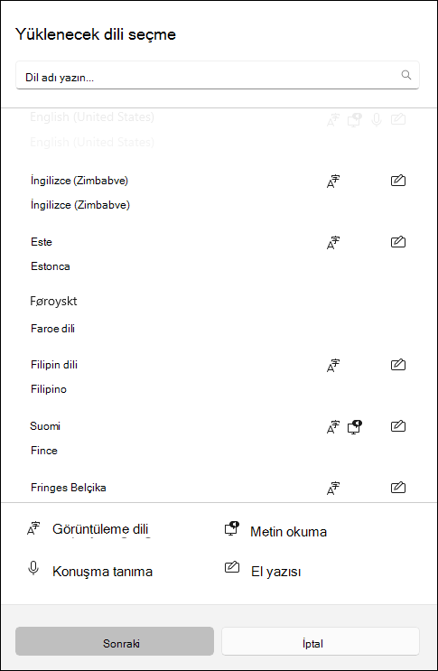 Windows 10 ayarlarından indirebileceğiniz dil paketlerinin ekran görüntüsü.