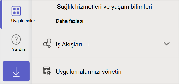 Uygulamalarınızı yönetin düğmesini gösteren uygulamalar düğmesini gösteren Teams ekran görüntüsü.