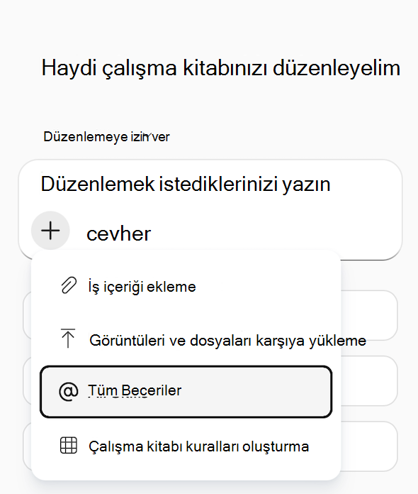 Excel'de Copilot 'İş içeriği ekle' menüsünün 'Tüm beceriler' vurgulanmış ekran görüntüsü.