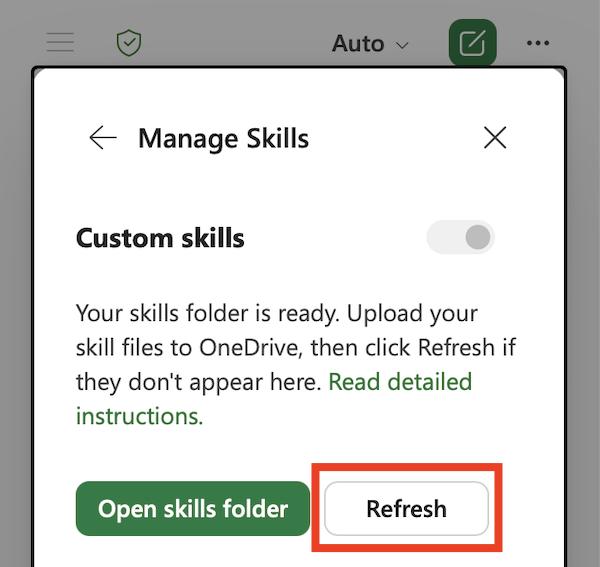 Excel'de Copilot'ın Yenile düğmesinin vurgulandığı Özel beceriler iletişim kutusunun ekran görüntüsü.